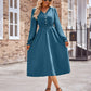 Buttoned V-Neck Flounce Sleeve Midi Dress