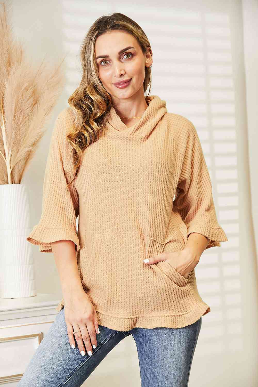 Full Size Waffle-Knit Ruffle Hem Hoodie