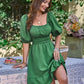Square Neck Balloon Sleeve Tied Dress