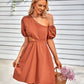 Cutout Asymmetrical Neck Puff Sleeve Dress