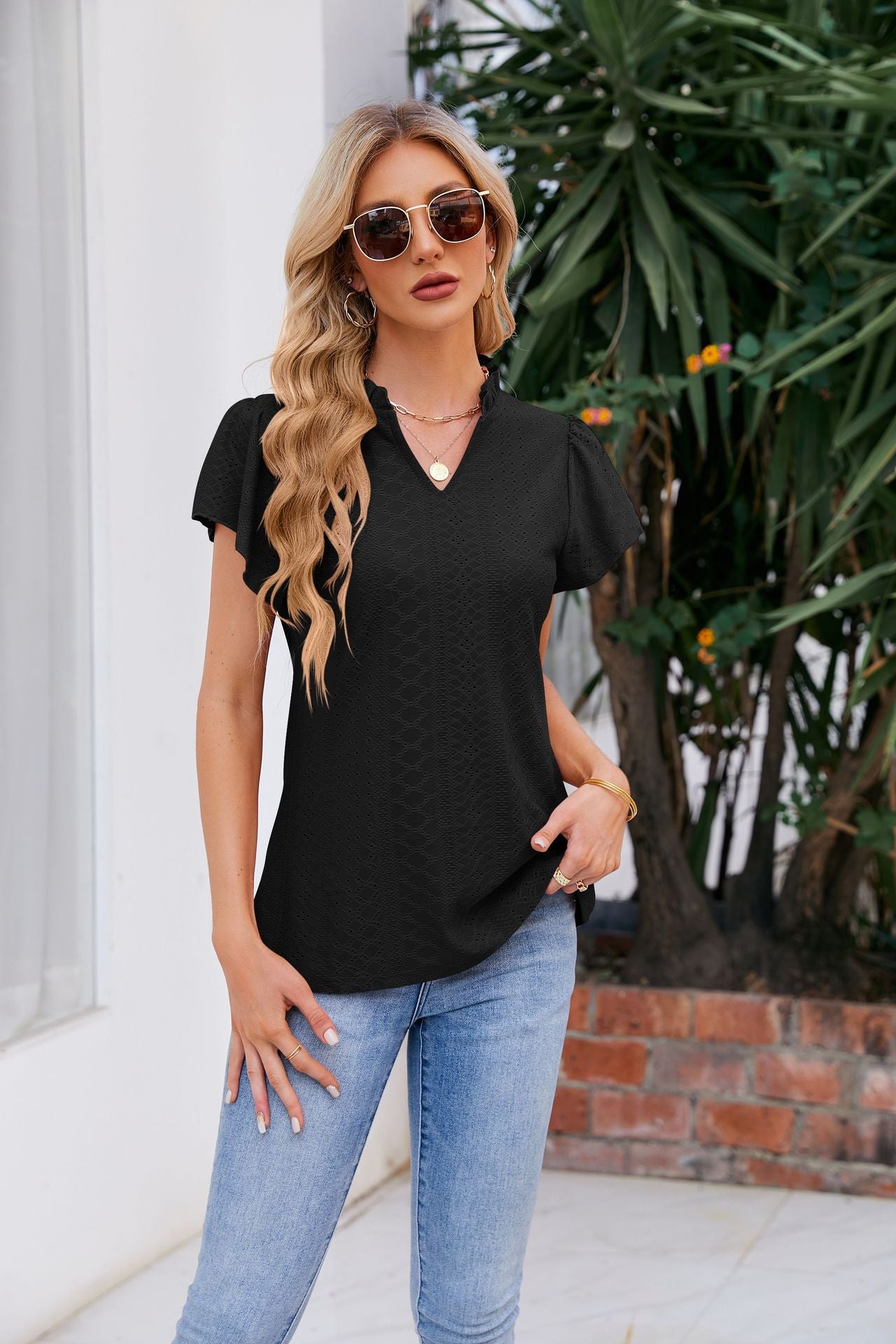 Notched Neck Puff Sleeve Blouse