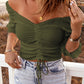 Drawstring Detail Flounce Sleeve Off-Shoulder Crop Top