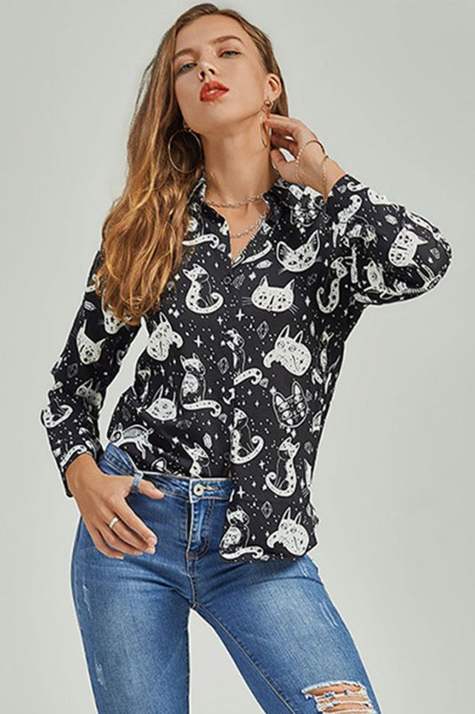 Cat Print Button-Up Shirt