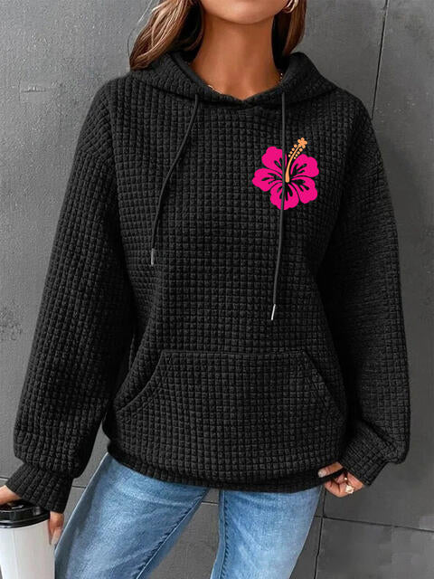 Full Size Flower Graphic Textured Hoodie with Pocket