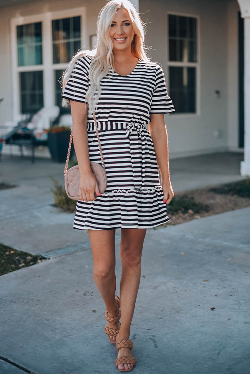 Striped Tie-Waist Frill Trim V-Neck Dress