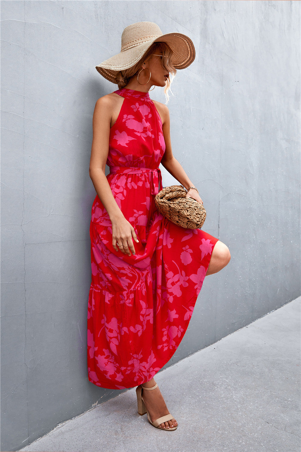 Printed Sleeveless Tie Waist Maxi Dress