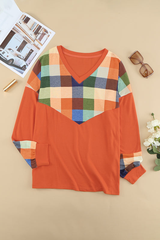 Plus Size Plaid V-Neck Spliced Top