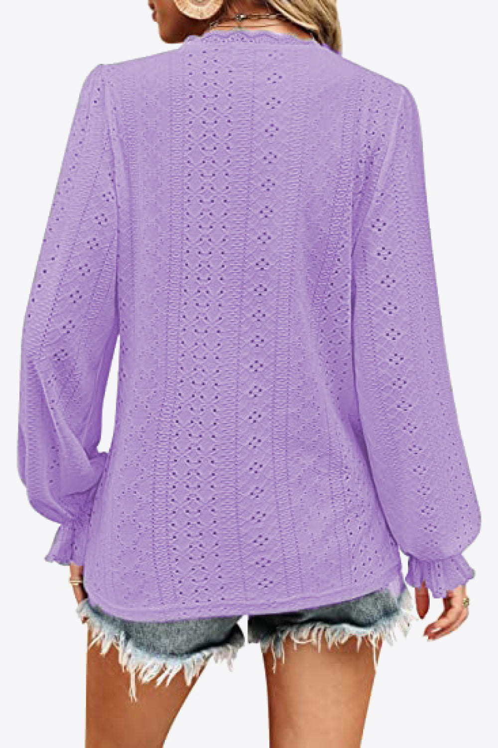 Eyelet V-Neck Flounce Sleeve Blouse