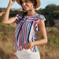 Striped Flutter Sleeve Tied Blouse