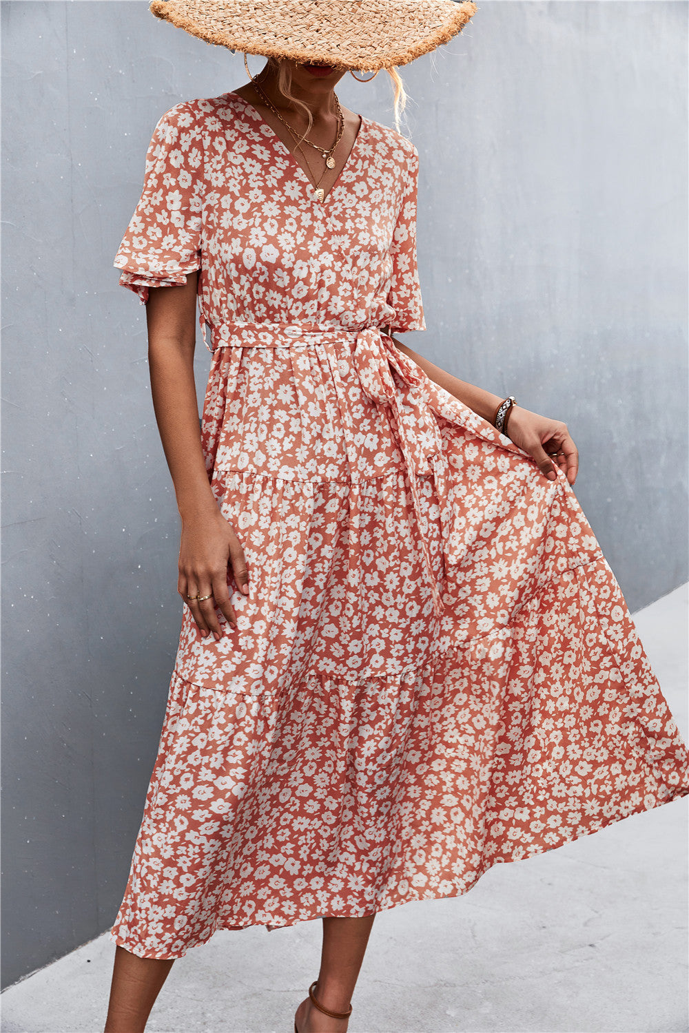 Printed V-Neck Flutter Sleeve Belted Dress