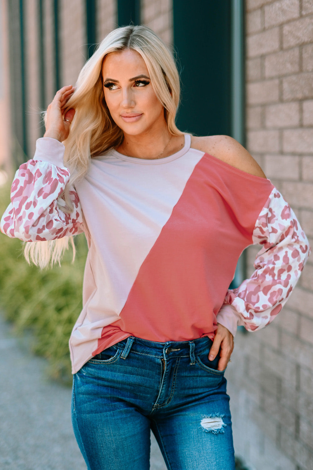 Leopard Color Block Cold-Shoulder Top