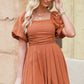 Square Neck Pleated Dress with Pockets