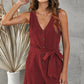 Tie-Waist Buttoned Plunge Sleeveless Romper