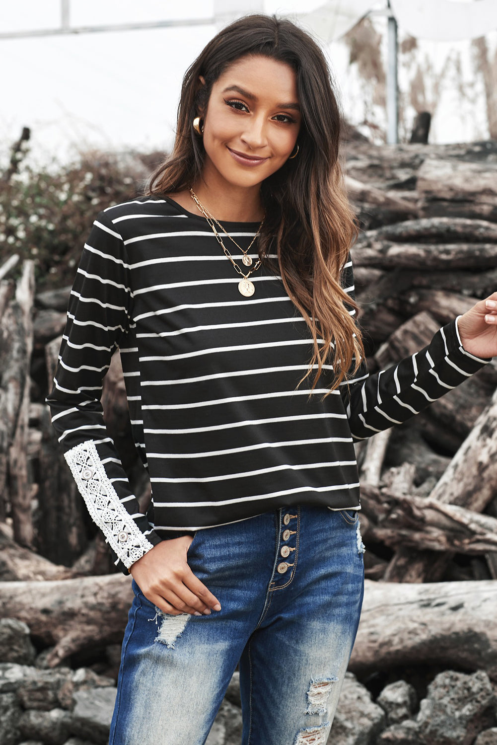 Striped Lace Button Detail Top