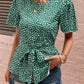 Heart Print Tie Belt Puff Sleeve Blouse