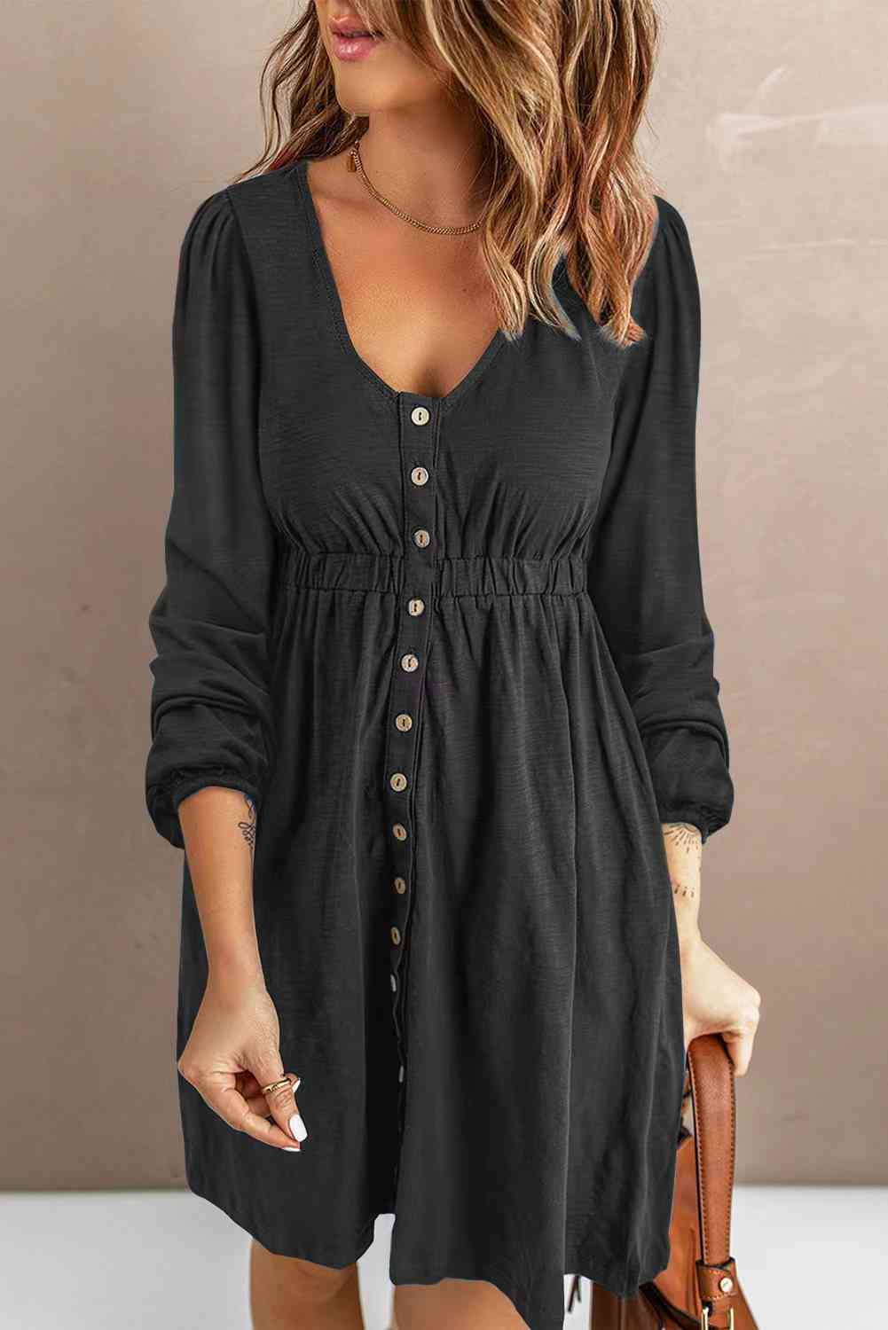 Scoop Neck Empire Waist Long Sleeve Mini Dress