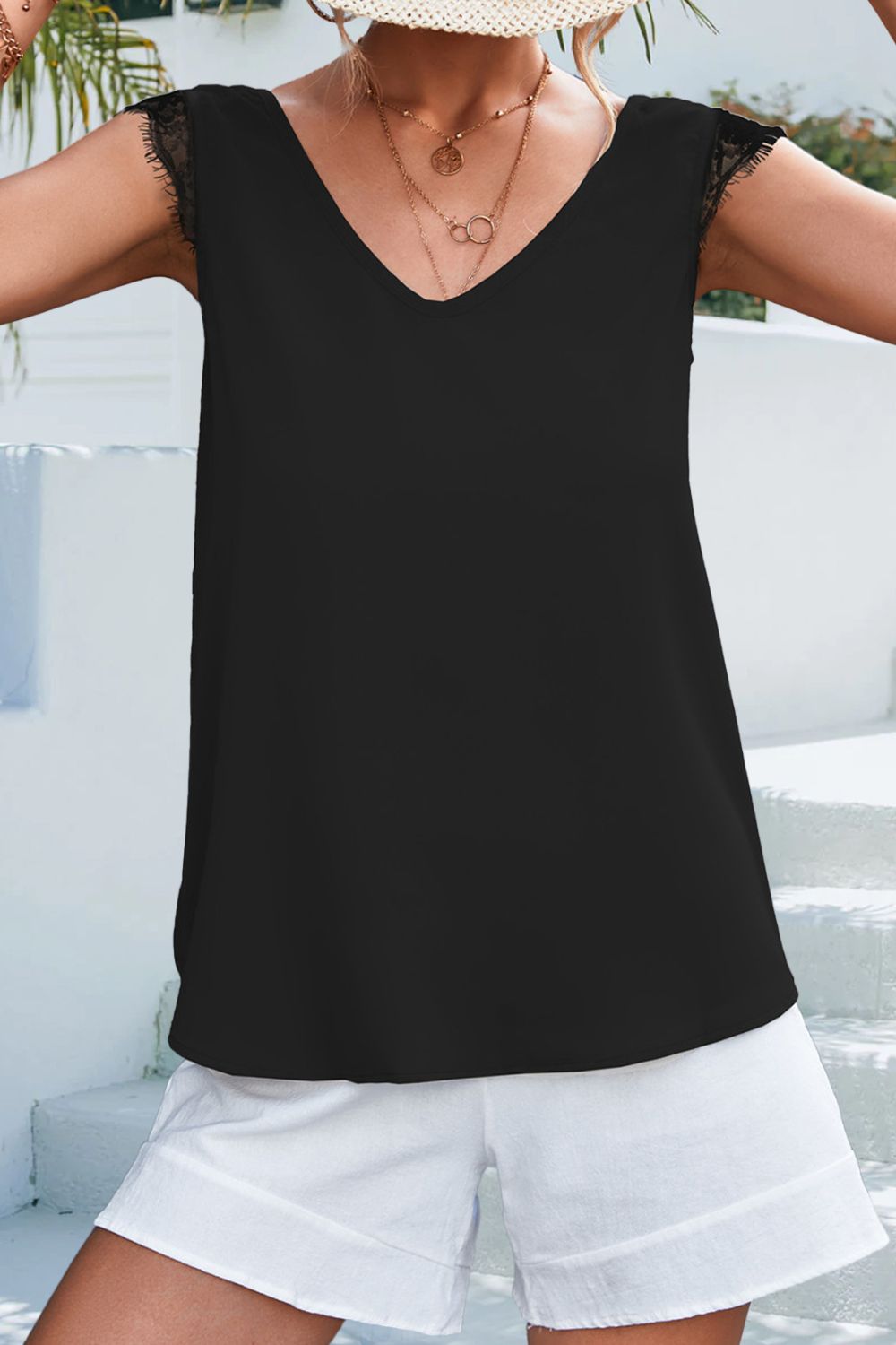 Lace Detail Eyelash Trim V-Neck Tank