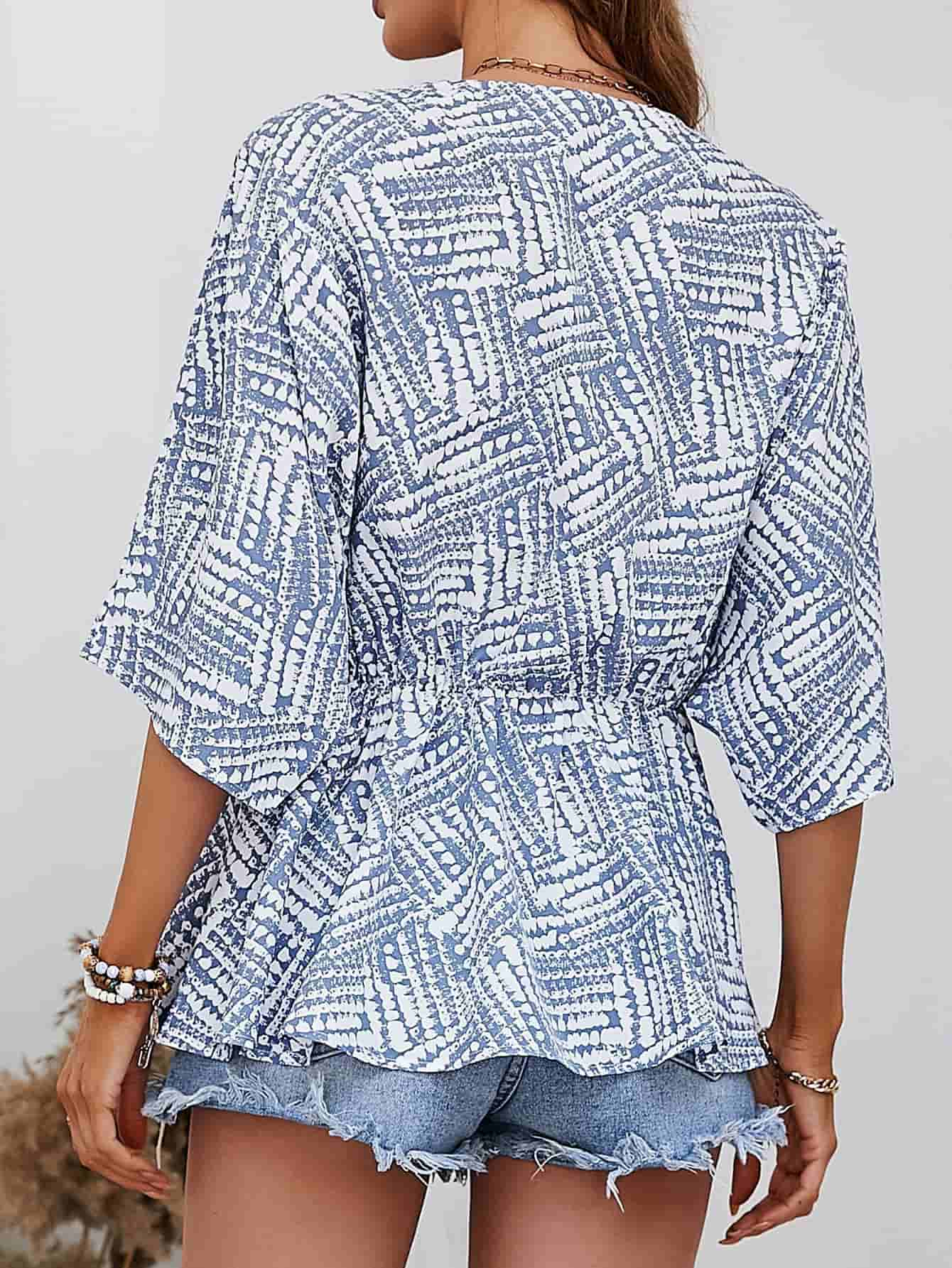 Printed V-Neck Dolman Sleeve Blouse