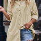 Button Front Curved Hem Raglan Sleeve Shirt Dress