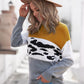 Leopard Color Block Ribbed Trim Dropped Shoulder Sweater