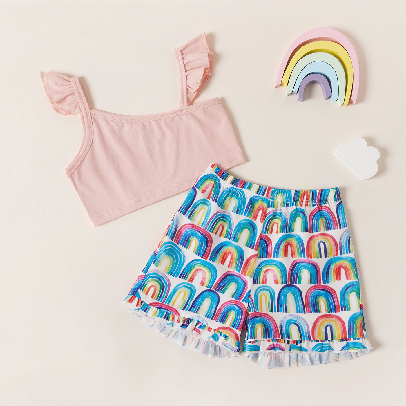 Asymmetrical Neck Top and Rainbow Print Shorts Set