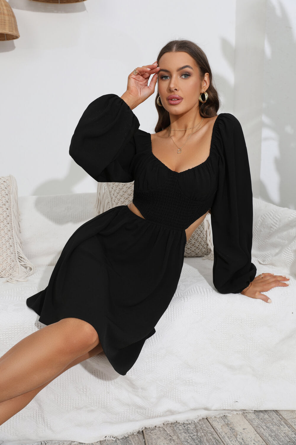 Cutout Long Balloon Sleeve Dress