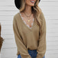 Lace Trim Flounce Sleeve V-Neck Sweater