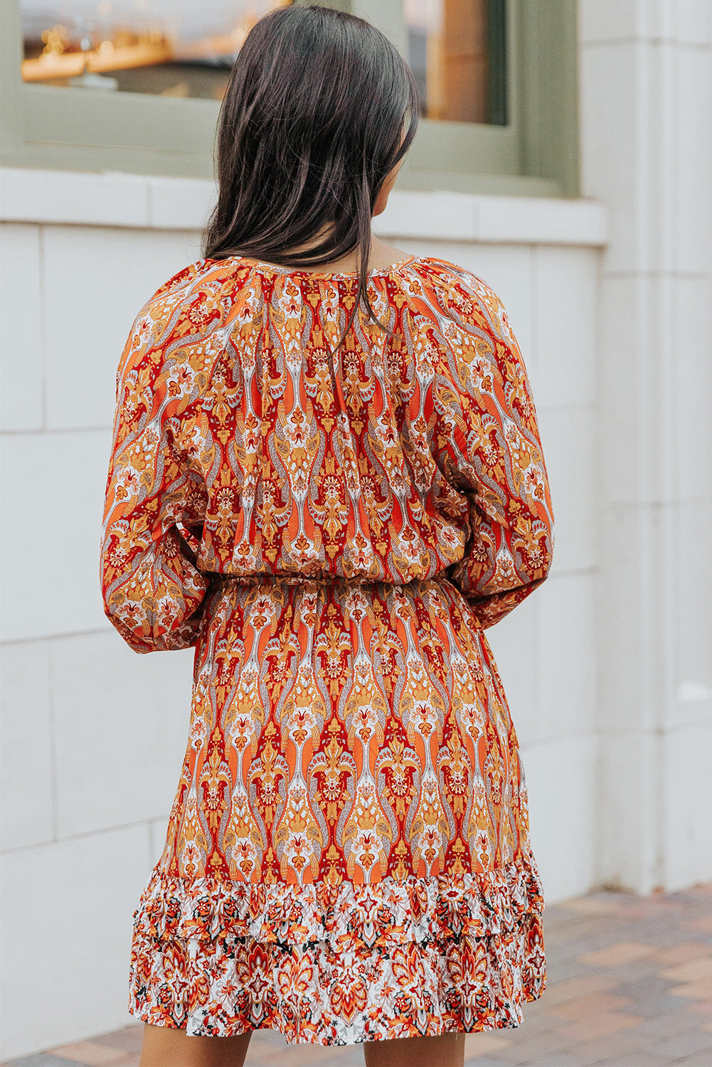 Printed Balloon Sleeve Tassel Tie Dress