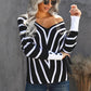 Chevron V-Neck Button Cuff Sweater