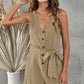 Tie-Waist Buttoned Plunge Sleeveless Romper