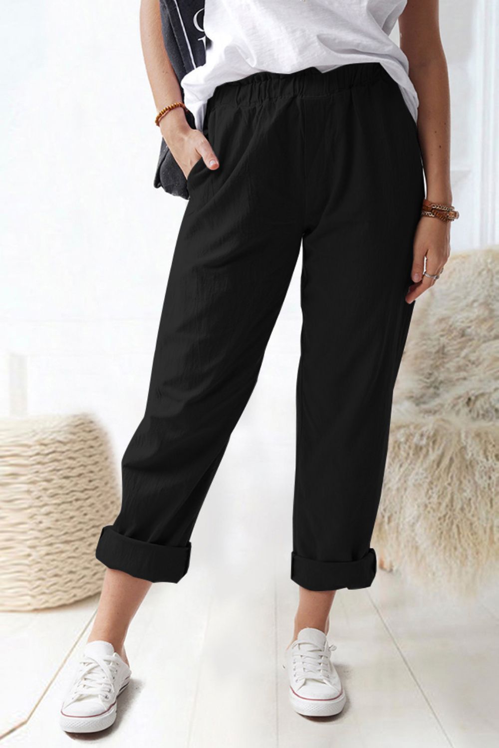 Paperbag Waist Pull-On Pants with Pockets