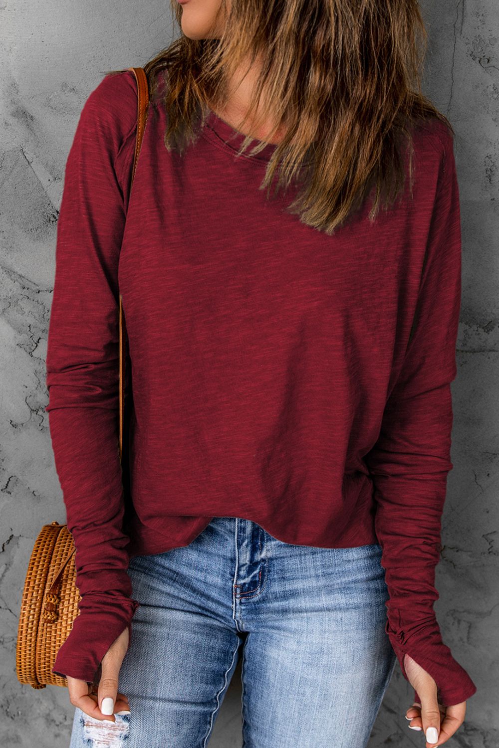 Thumbhole Long Sleeve Round Neck Top