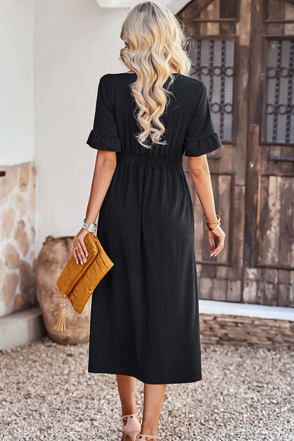 Gathered Detail Buttoned V-Neck Midi Dress