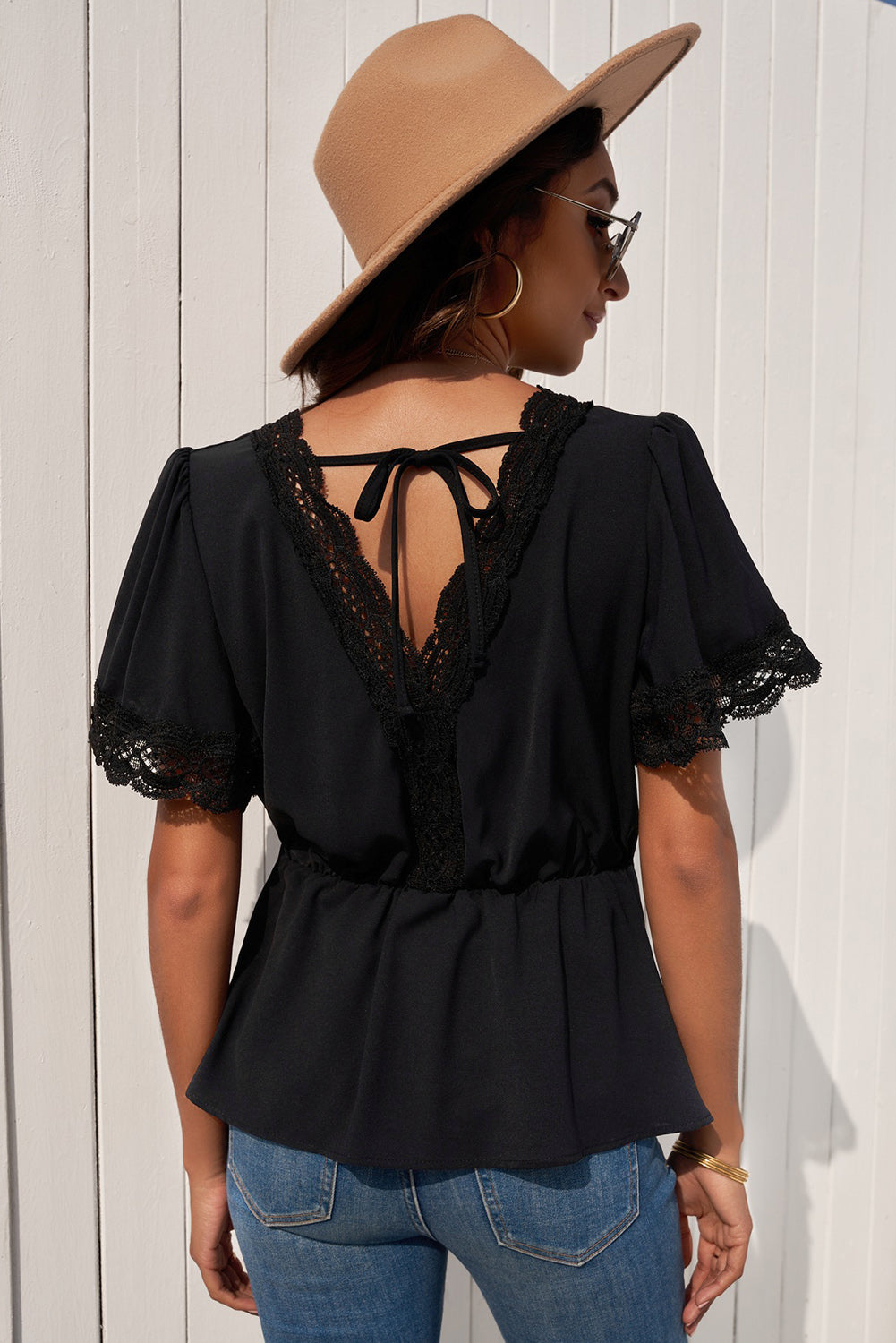 Lace Trim V-Neck Tied Peplum Blouse