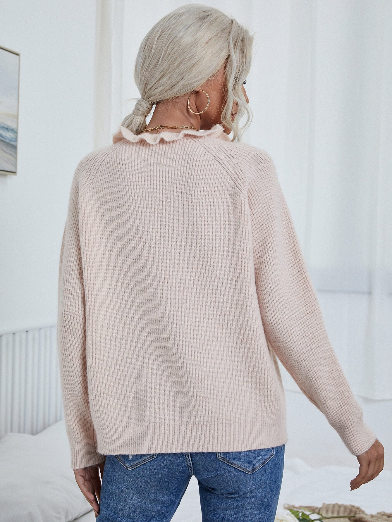 Button Detail Frill Neck Rib-Knit Sweater