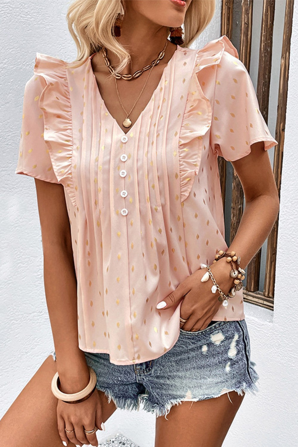 Printed Ruffle Trim Pleated Detail Blouse