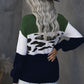 Leopard Color Block Ribbed Trim Dropped Shoulder Sweater