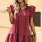 Ruffle Shoulder Tie-Neck Tiered Dress