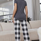 Curved Hem Short Sleeve Top and Plaid Pants Lounge Set