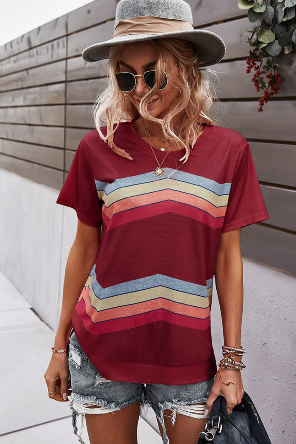 Multicolored Chevron Stripe Round Neck Side Slit T-Shirt