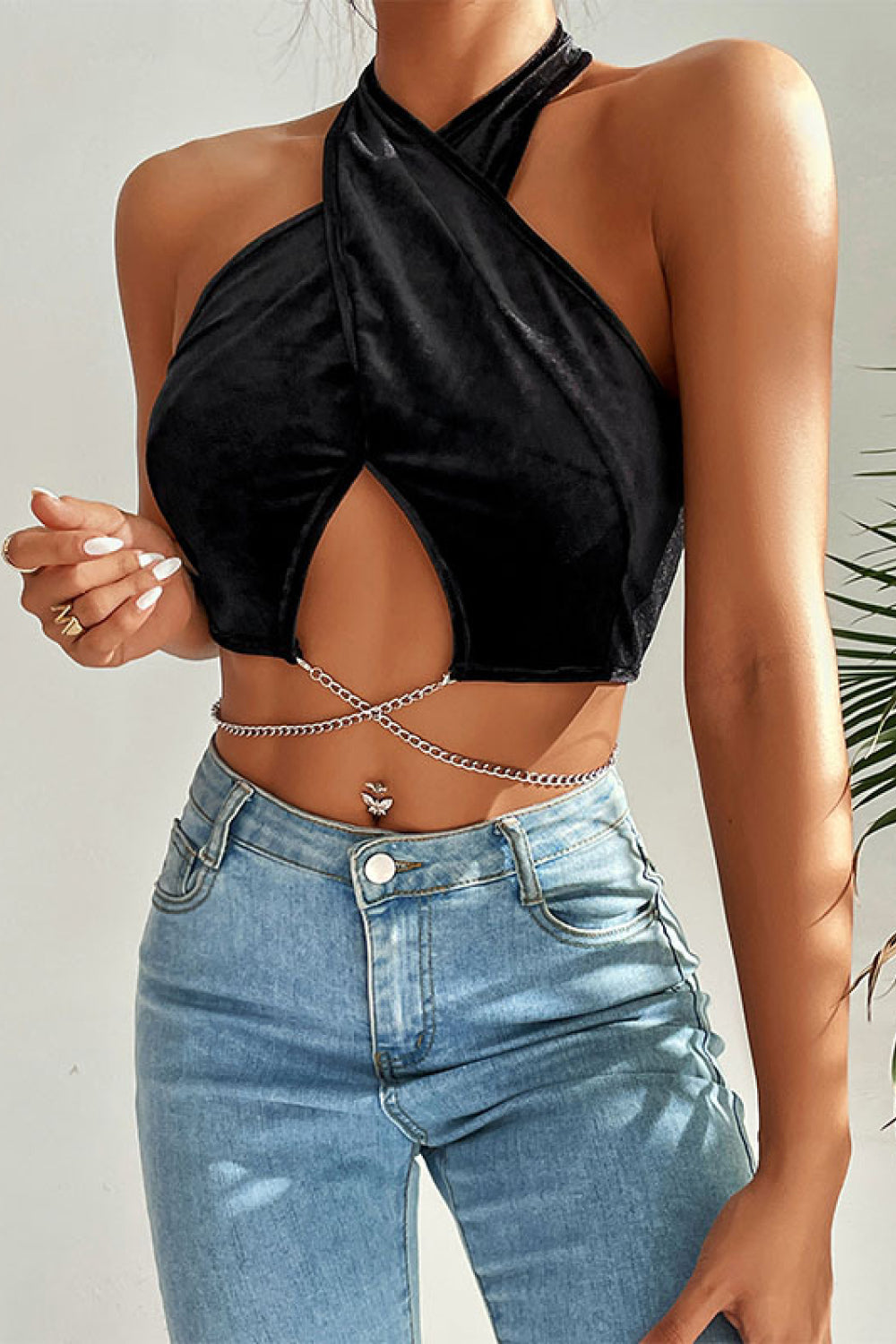 Chain Detail Halter Neck Velvet Cropped Top