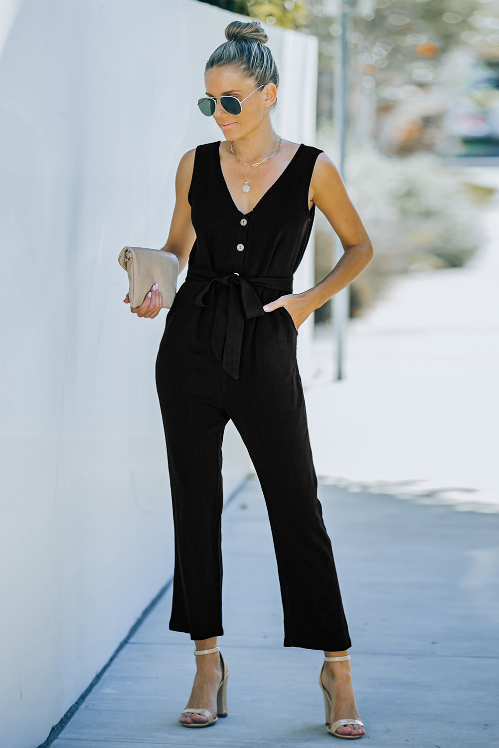 V-Neck Tie Waist Sleeveless Jumpsuit