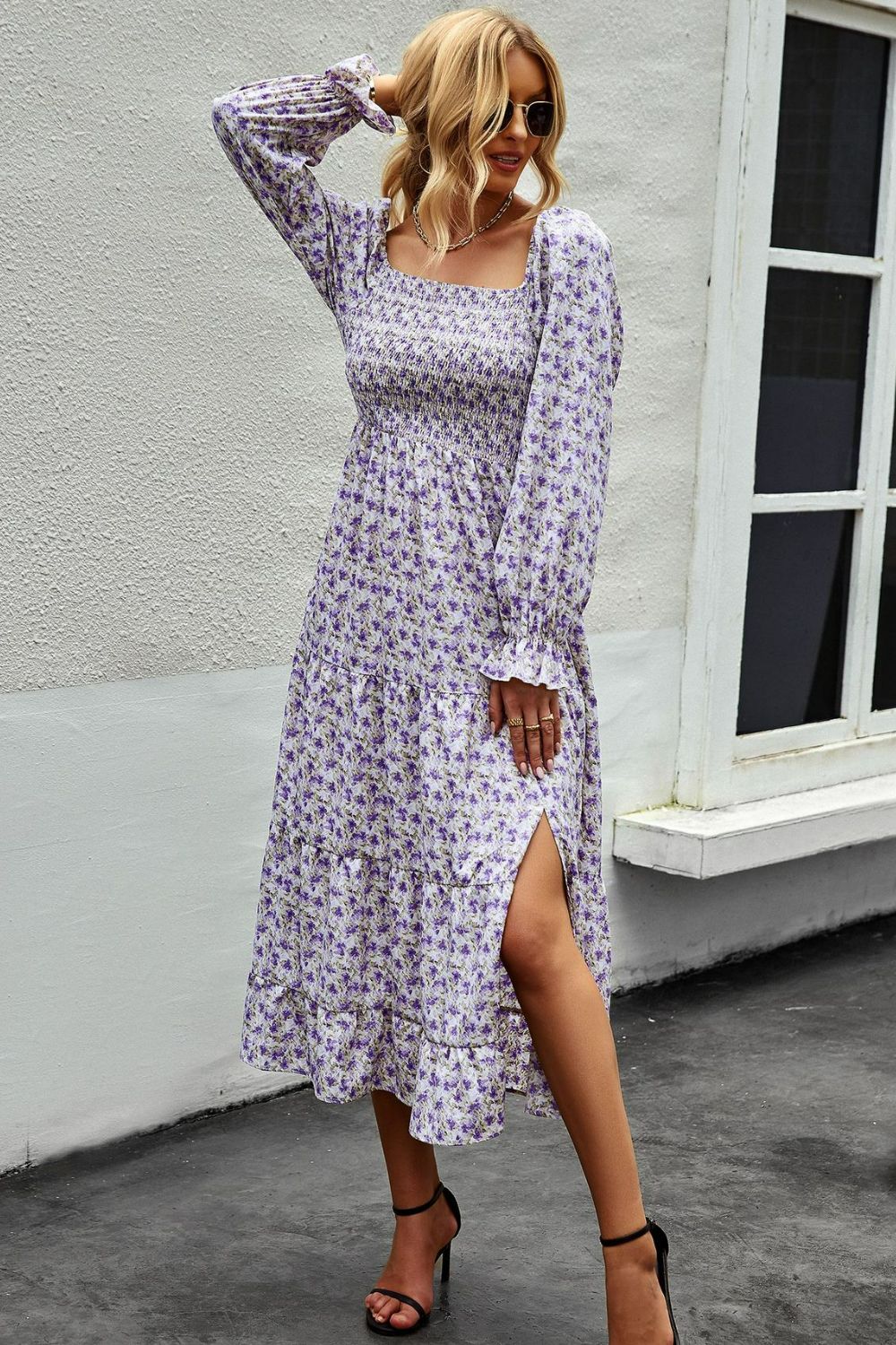 Floral Smocked Square Neck Slit Midi Dress