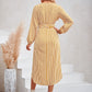 Striped Notched Neck Curved Hem Long Sleeve Dress