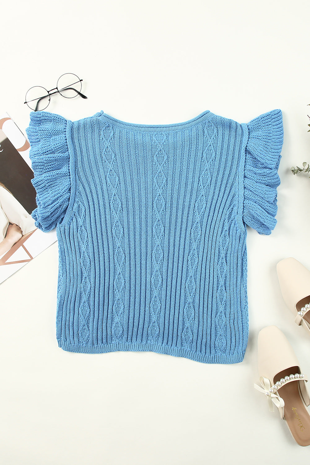 Flutter Sleeve Pompom Detail Knit Top